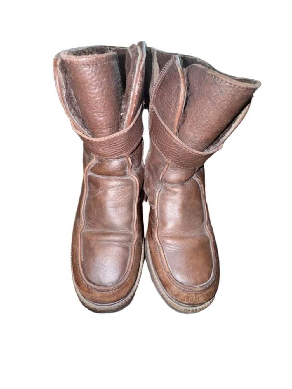 Vintage Chippewa Brown Leather Shearling Lined Mocc Toe Zip Boots with Belt Deta